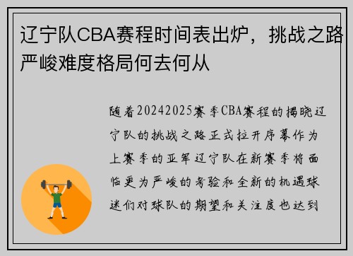 辽宁队CBA赛程时间表出炉，挑战之路严峻难度格局何去何从